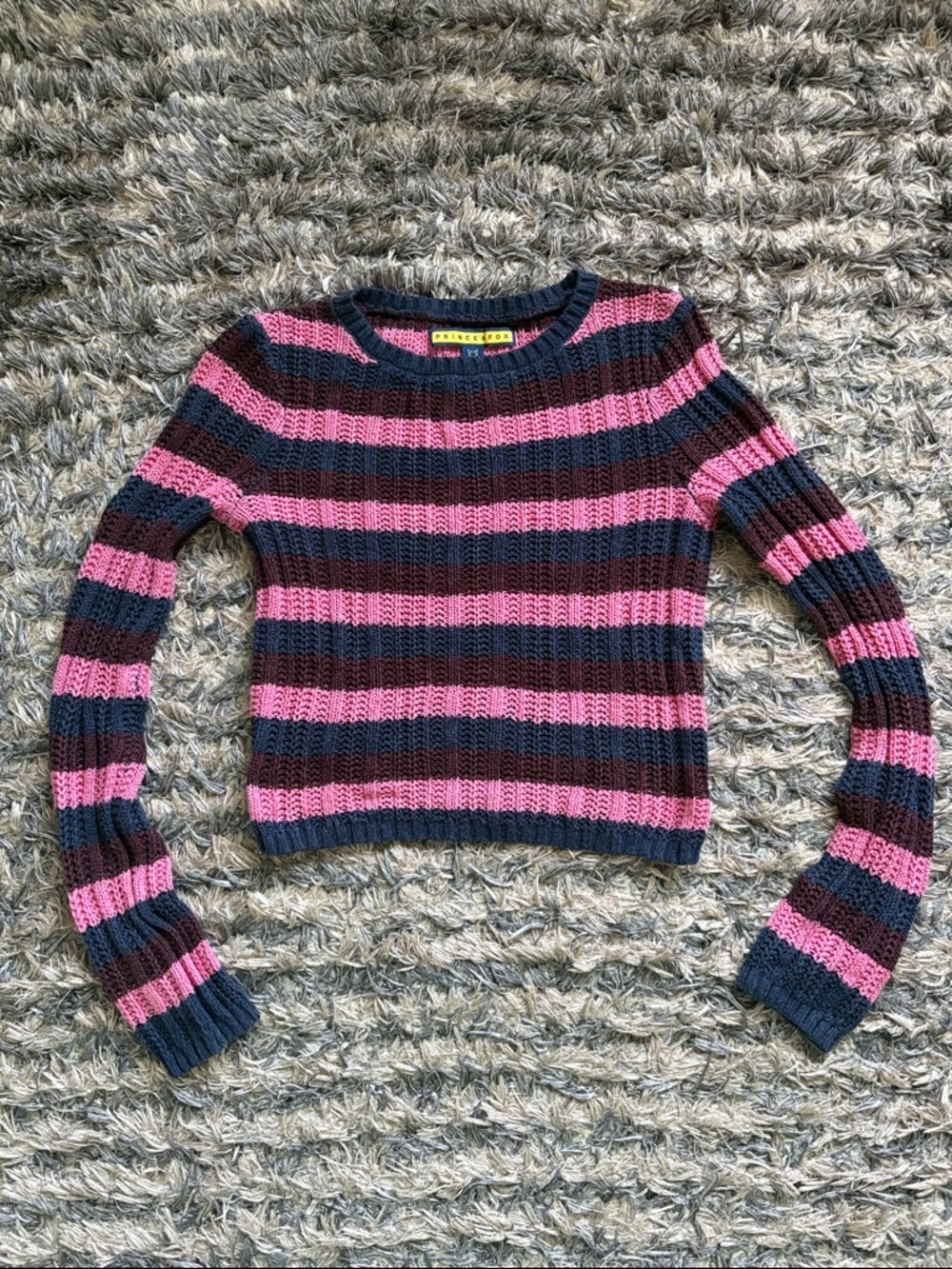 Prince & Fox Pink and Navy Striped Ribbed Crop Sweater